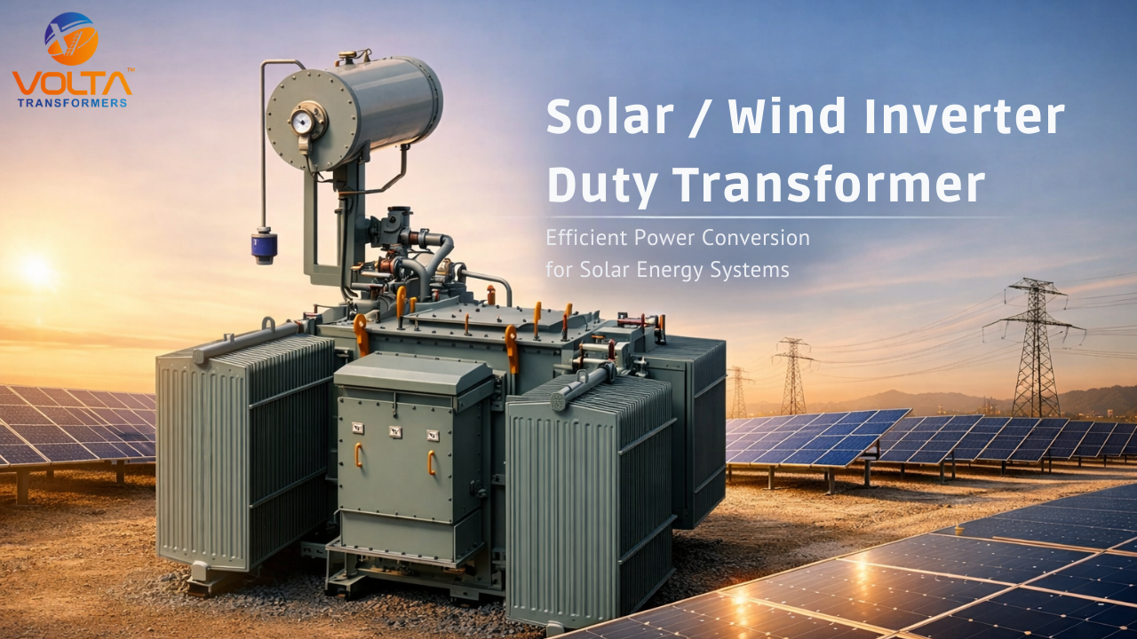 Volta Transformers solar wind inverter duty transformer at a solar farm with grid infrastructure